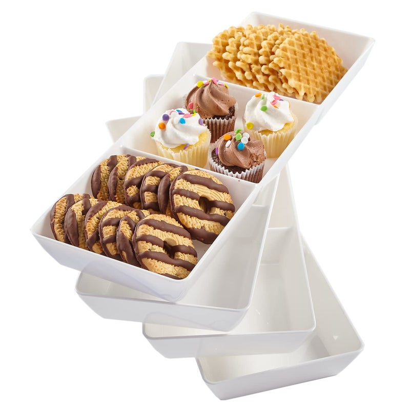 US Acrylic Avant White Plastic Divided Serving Trays (Set of 4) 15â€ x 5â€ | Narrow Reusable 3-Section Party Platters | Serve Appetizers, Fruit, Veggies, & Desserts | BPA-Free & Made in USA - Image 1
